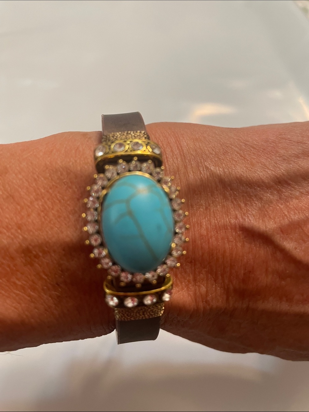 Turquoise Oval Stone Bracelet with Rhinestone Halo